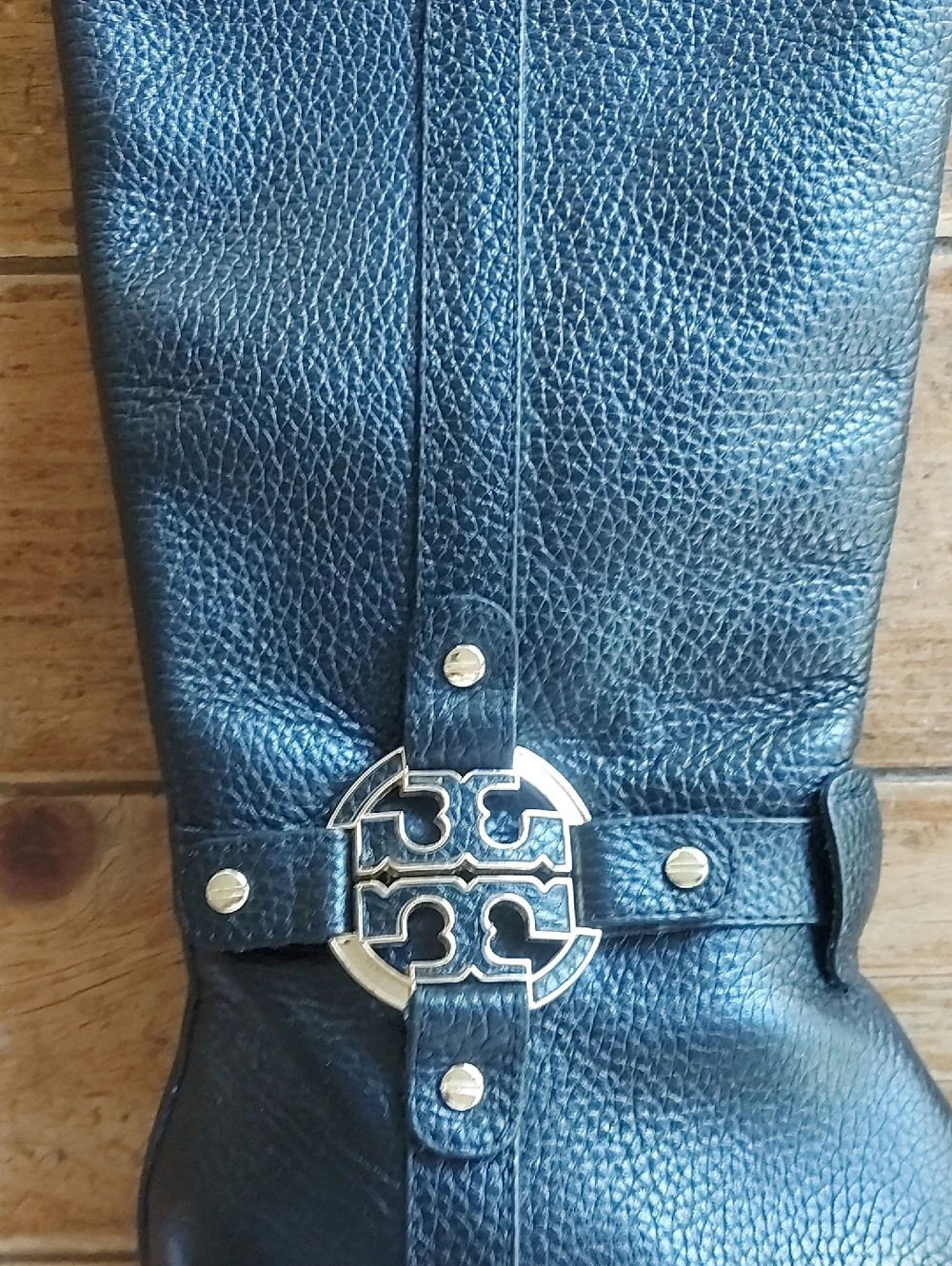 Tory Burch Black Pebbled Leather Glove with Gold Logo Accent